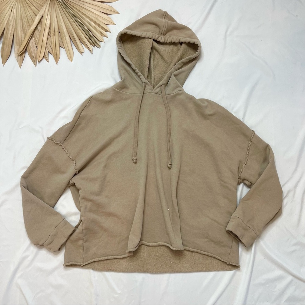 Eileen Fisher Organic Cotton Cropped Khaki Tan Raw Hem Lounge Hoodie Sweatshirt - Picture 5 of 10